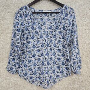 Roller Rabbit Top Womens Small Blue Floral V-Neck Pullover Long Sleeve